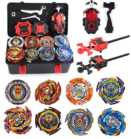 Netoke Toupie avec Lanceur kit, 4D Metal Fusion Arene, Adapté Cadeaux Noël, Anniversaire - 8 X Battle Tops + Battle Top Lanceur CW