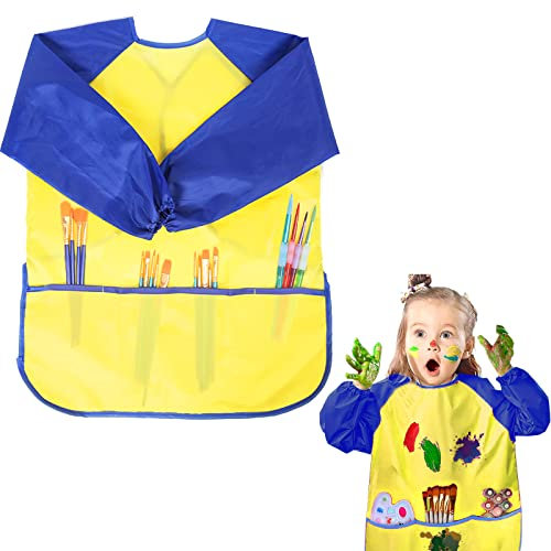 YOUYIKE Malschürze Kinder, 1 Stück Malkittel Bastelschürze 3-7 Jahre,Wasserdichte Langarm Malkittel kinder mit 3 Taschen für Schule Kunst Malerei, Kochen,Essen,Laboraktivität (Gelb)