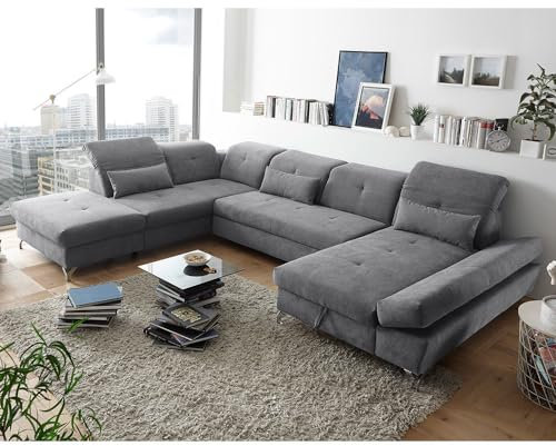Wohnlandschaft mit verstellbaren Kopfstützen und Schlaffunktion in Mikrovelours dunkelgrau | Sofa in U-Form mit Bettkasten Links