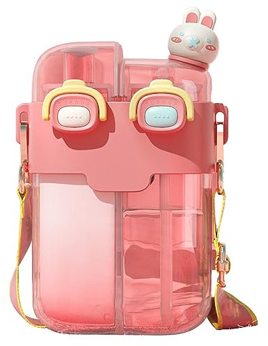 Borraccia Kawaii con Cannuccia, Simpatiche Bottiglie D'acqua per Ragazze Doppia Bottiglia D'acqua Potabile con Cinturino Regolabile in Cannuccia per Viaggi Sportivi All'aperto