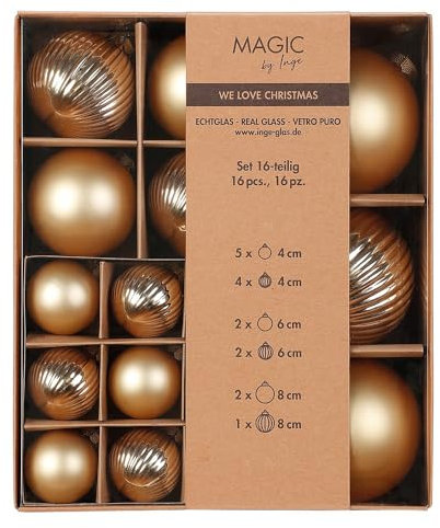Weihnachtskugeln 16 STK 4,6,8 cm | Sortiment mit Rillen Strukturkugeln | Dekorative Christbaumkugeln (Inkagold | Gold)