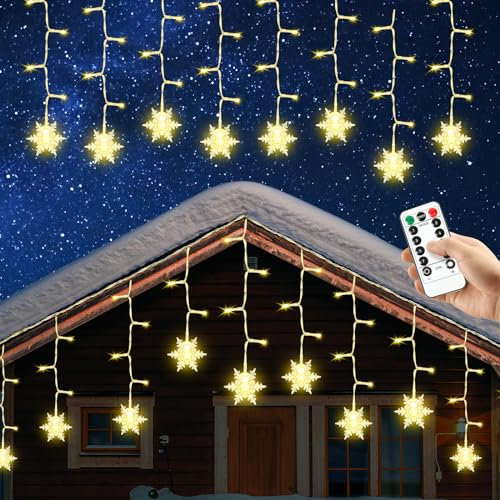 AUAUY Schneeflocken Lichtervorhang, USB Weihnachtesbeleuchtung 8Modi Lichterkettenvorhang 4M 96LEDs Stimmungslichter, IP44 Lichterkette für Innen Außen, Weihnachten, Balkon, Fenster, Hochzeit-Warmweiß
