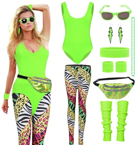 Raveparty 90er 80er Jahre Outfit Damen, Aerobic Outfit, Accessoire, Karneval Kostüm für Neon Thema Party (Grün, M)