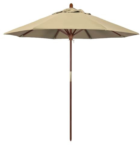 CHOYES Patio Wooden Umbrella, Garden Parasol Umbrella with Rope Pulley Lift, 8 Ribs, Adjustable Heights, Windproof & Waterproof Outdoor Umbrella for Deck Pool Backyard/210Cm/7Ft