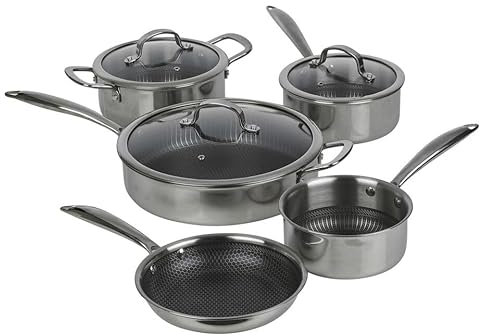 HEXTEC Laser Etched Honeycomb Non Stick Stainless Steel Cookware Pots, Pans & Frying Pan Sets, Induction Ready, Oven & Dishwasher Safe with Stay Cool Handles, PFOA Free Set of 5/6/7/8 Pcs