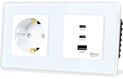 TAWOIA Enchufe Schuko con interfaz de carga rápida USB tipo C de 65 W y USB para teléfonos móviles, tabletas y portátiles, 1 enchufe con USB C con placa de cristal curvada 2,5D, color blanco, 86 x 157