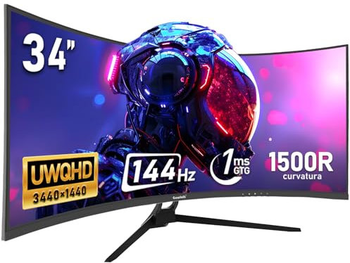 Gawfolk Monitor Ultrawide Da 34 Pollici 1500R Curvo 144Hz Monitor Per Computer Da Gioco, 21:9 UWQHD (3440x1440) schermo,Adaptive Sync,HDR,Angolo di visione 178°,HDMI,Display Port,VESA75×75MM-Nero