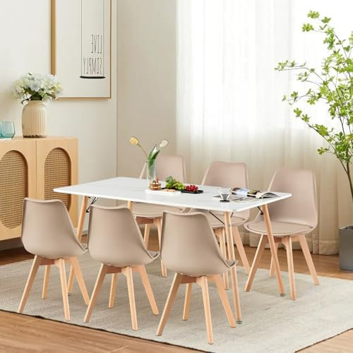 H.J WeDoo Esszimmergruppe Esstisch mit 6 Stühlen Essgrupp, Rechteckig Küchentisch und 6er Set Esszimmerstühle Sitzgruppe für Wohnzimmer Küche Büro(140x80cm Tisch+6 Khaki Stühle)