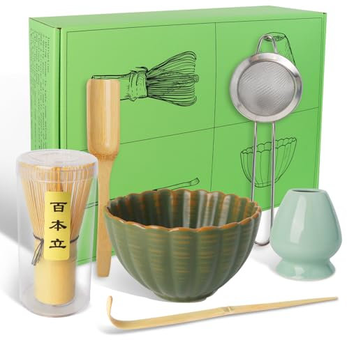 hzuisst Matcha Kit, Té Matcha Kit de 6 Piezas con Batidor de Matcha de Bambú, Tazón para Matcha, Soporte para Batidor, Cucharilla, Cucharón, Colador, Kit Te Matcha Completo para Ceremonia Té Japonés