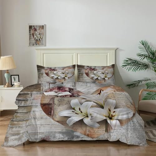 JSCWDET Housse de Couette 240 x 260 Fleur de lys Blanc Parure de Lit 2 Personnes - Parure de Lit Lettres d'amour Vintage avec Fermeture Éclair Microfibre Literie et 2 Taies d'oreiller 65x65