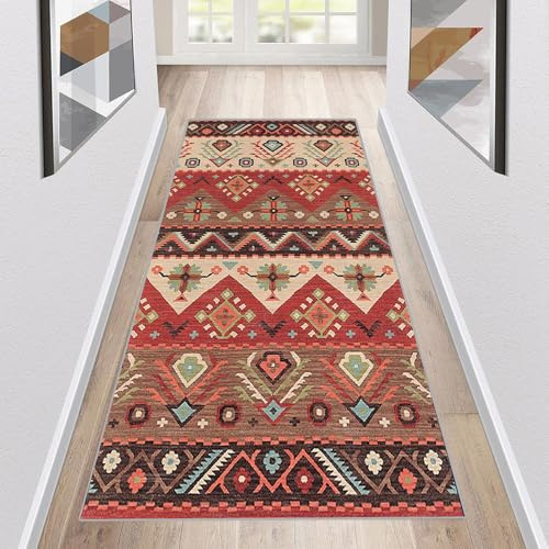 Siunwdiy Teppich Läufer Flur rutschfest Küchenläufer Waschbar 60x200cm Marokko Muster Rot Korridor Teppichläufer Lang Küchenteppich Für Küche Schlafzimmer Teppichläufer Meterware Anpassbar