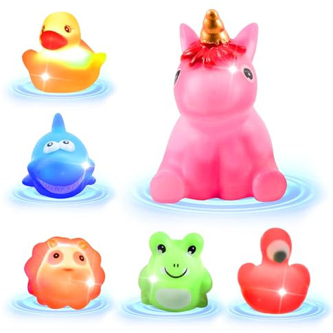 Badewannenspielzeug Baby Leuchtend 6er Set - LED Badespielzeug mit Dynamische Farblicht - Wasserspielzeug Kinder für Badewanne - Leuchtet im Wasser (Hai, Ente, Löwe, Einhorn, Flamingo, Frosch)