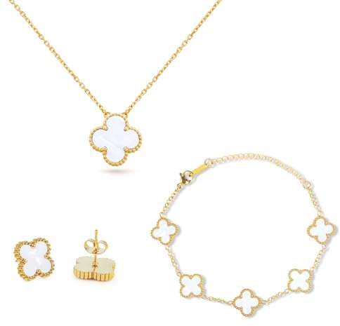 Vierblättriges Kleeblatt Schmuckset, 18K Vergoldet Vierblättriges Kleeblatt Halskette Ohrringe Armband, Vergoldet Zweiseitig, Vierblättriges Glücksklee Schmuckset Geschenke, für Damen und Mädchen