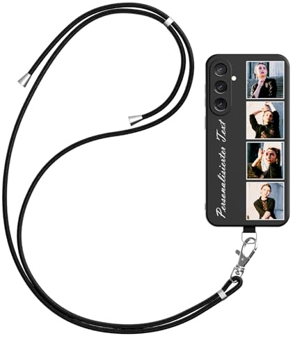 LSXYHQLD Handykette Personalisierte Handyhülle für Samsung Galaxy A13 A25 A33 A34 A53 A54 S23 FE S24 S24 Ultra, Personalisiert Hülle mit Band, TPU Schutzhülle mit Foto Selbst Gestalten, Schwarz