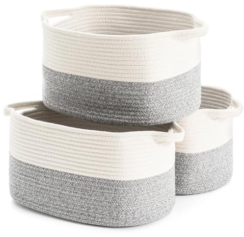 HNYQQL Baumwollseil gewebter Aufbewahrungskorb, verwendet für Baby Hamper Spielzeug Organizer, Geschenkkörbe leer, Kinder Wäschekorb, Baby Decke Korb. Größe 38x25x22 CM. (Weiß&Grau-3PCS)