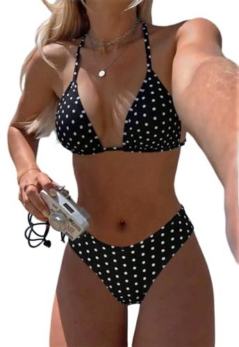 GORGLITTER Damen Bikini Set Mit Polka Dots Triangel Bikini Und Bikinihose | Neckholder Bikini, Polka Dots Bademode, Triangel Bikinitop Und Bikinihose, Strand Outfits