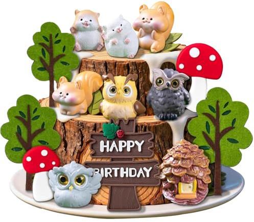 Juego de 14 pasteles de cumpleaños con animales del bosque, ardilla y búho, decoraciones de pino, decoraciones para fiestas, decoraciones de tartas de bebé, cumpleaños para niños y niñas