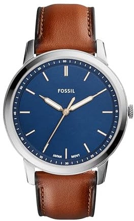 Fossil Minimalist uhr für Herren, Quarzwerk mit Edelstahl- oder Lederarmband, Blau und Braun, 44MM