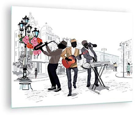 Moderne Impression sur Verre Musique instruments rue ville Image Tableau en Verre Decoration Murale 70x50cm Deco Cadre Salon Chambre Horizontal Petit Tableaux Decoratifs Muraux Art GAA70x50-2933