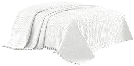 Class Home Collection Tagesdecke 220x240 cm in Waffeloptik – Extra großer Bettüberwurf, Sofa Überwurf aus 100% Baumwolle mit Fransen, Wolldecke für Sofa, Sessel & Bett im Schlafzimmer Weiß
