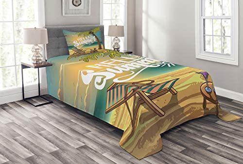 ABAKUHAUS Hallo Tagesdecke Set, Stuhl unter Palmen, Set mit Kissenbezügen Sommerdecke, für Einzelbetten 170 x 220 cm, Mehrfarbig