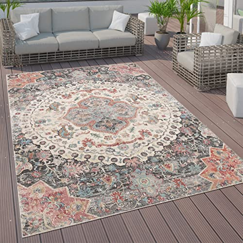 Paco Home In- & Outdoor-Teppich Für Balkon Terrasse, Kurzflor Mit Orient-Muster In Grau, Grösse:140x200 cm