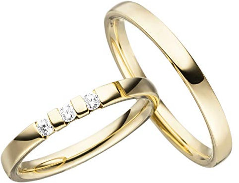 JC Trauringe Silber 925 Paarpreis Eheringe Gold Plattiert I Verlobungsringe 2,5 mm breit I Partnerringe mit Gravur in edler Schatulle I 2 Hochzeitsringe Herrenring & Damenring mit Steinen I LC134-P