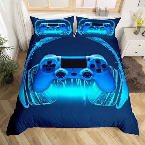 Games Comforter Cover Single Navy Blue Headphones Musical Notes Design Gamepad Bedding Set for Kids Teen Boys&girls Video Game Room Decor Retro Gamer Duvet Gaming Controller Quilt Cover Pillowcase