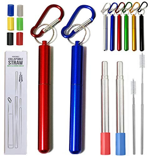 Hoshen Lot de 2 pailles télescopiques réutilisables en métal portables avec brosses et embouts en silicone avec étui Bleu/rouge