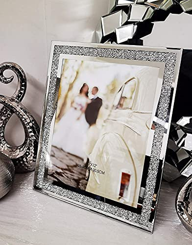 Biznest Glass Photo Frame Jewel Mirror Silver Loose Diamante Crushed Crystal Home Decor Photo Frame Sparkle Gift Wedding Friends For Desk (A4 Size)