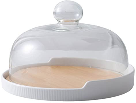 Cabilock 1 Set Kuchen Glasglocke mit Holz Keramik Teller Glas Käseglocke Tortenplatte Haube Dome Torten Glashaube Kuchenständer Tortenglocke Lebensmittel Abdeckung Deckel für Patisserie