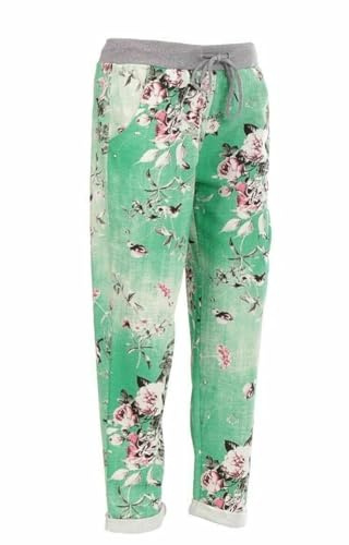 Candid Styles Womens Italian Denim Joggers Sweatpants Plain Floral Star Elasticated Waist Gym Running Yoga Pants Jogging Turn Up Trousers 8-22(Green with Flowers, UK 12-14)