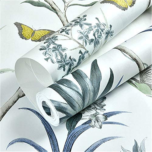 XIEJING Selbstklebende Tapete Chinoiserie Tapete Schlafzimmer Wandverkleidung modernen Vintage rosa Blumentapete Blau tropischer Schmetterling Vögel Blumen-Wand-Papier 544