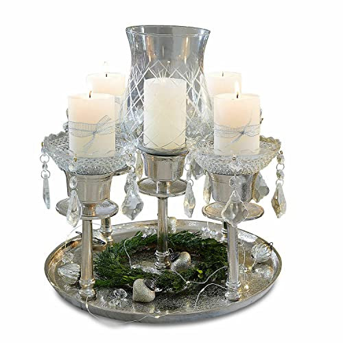 Loberon Kerzenhalter Shaws, Ensemble aus Kerzenleuchtern und Tablett, feinste Schliffmuster, individuell dekorierbar, Vintage-Flair, Kerzenständer, Aluminiumguss, Glas, Silber/klar