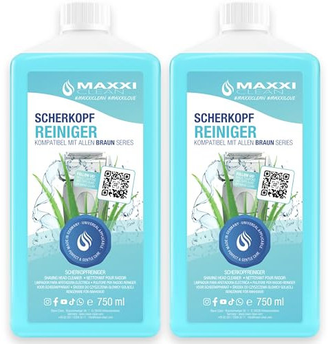 Maxxi Clean | 2x 750 ml Nachfüllflüssigkeit Scherkopfreiniger für Reinigungskartusche | Rasierer Reinigungsflüssigkeit kompatibel mit Braun Reinigungsstation | Reinigungsspray mit Aloe Vera Duft