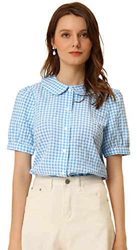 Allegra K Chemisier à carreaux vichy à manches courtes et col Peter Pan pour femme, bleu clair, 44