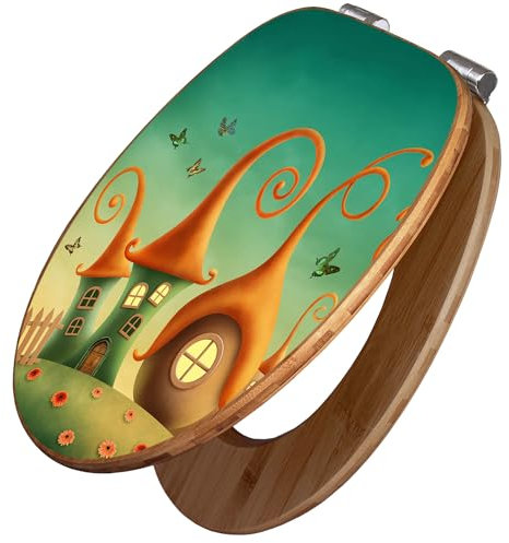 banjado Design WC Sitz Bambus Absenkautomatik 45,8x37,5cm / Toilettendeckel mit Absenkautomatik Holz/hochwertiger Bambus Klodeckel/WC-Sitz für gängigen Toiletten/Motiv Zwergenhausen
