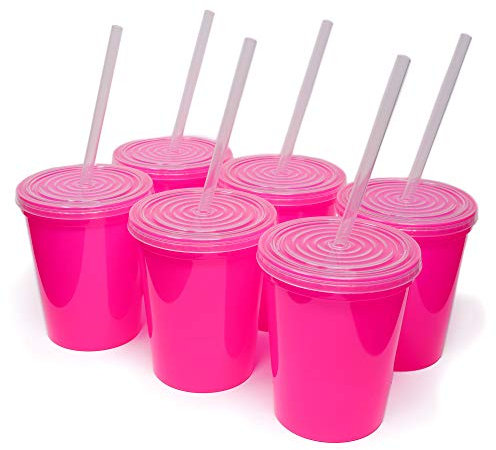 Rolling Sands 16 Oz. Reusable Plastic Stadium Cups with Lids, 6 Pack, USA Made Tumblers and Lids, Includes 6 Reusable Straws; Dishwasher Safe, Translucent Neon Pink