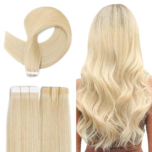 TESS Tape Extensions Echthaar 40 cm, Blond Tape Klebeband Haarverlängerung 20 pcs Glatt Lichtblond Remy Tape in Hair Extensions für Haarverdichtung (20pcs-30g)