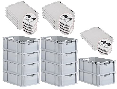 PROREGAL SuperSparSet 10x Eurobox NextGen Grip mit Scharnierdeckel und schwarzen Schiebeschnappverschlüssen, HxBxT 22x40x60cm, 44 L, Grau, Griffe offen, Eurobehälter, Transportbox