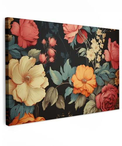 MuchoWow© Leinwand Groß 120x80 cm XXL Deko Schlafzimmer Aesthetic Leinwandbilder Wohnzimmer Gemälde Foto Geschenk Living Room Decoration Vintage - Blumen - Natur - Schwarz - Farben