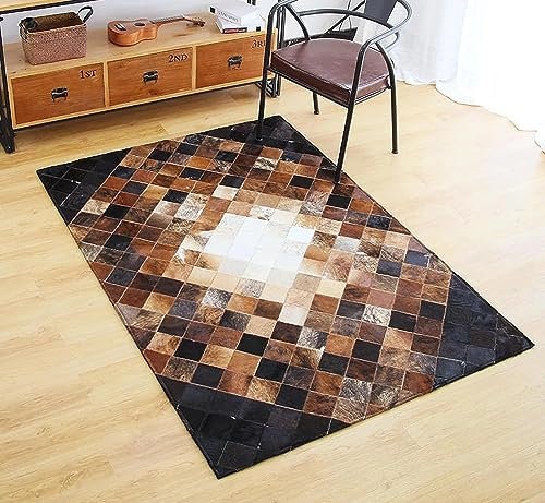 R&RENXIA Cowhides Natürlicher Rindsleder-Teppich Patchwork handgenähter Fell-Leder-Bereichsteppich Western-Dekor Rindsleder-Lederfell für Zuhause Wohnzimmer Lederteppich,150cm×210cm
