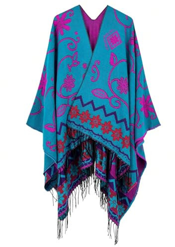 chuangminghangqi Winter Warm Poncho Schal Wrap Herbst Open Front Cape Winddichte Strick Mantel Decke Kap-Schal Übergroße Winterdecke Reversible Fransenponcho Damen Festliche Geschenke(Magenta)