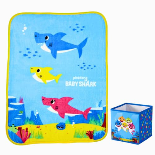 Franco Baby Shark Kinder-Bettwäsche, Plüsch-Überwurf und Aufbewahrungswürfel, 2-teiliges Set (offizielles Lizenzprodukt)