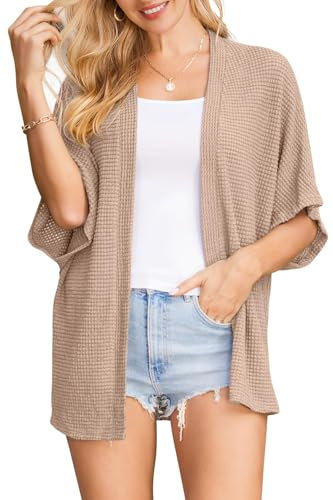 STYLEWORD Strickjacke Damen Kurzarm Sommer Cardigan Strand Cover Up Kimono Leichter Strickmantel(Khaki,L)