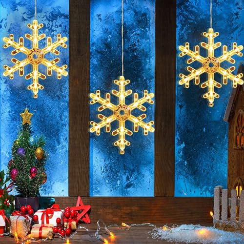 Moskado 3PCS Christmas Window Lights | Hanging Christmas Window Lights with Suction Cups, Battery Operated Christmas Decorations Fairy Lights for Indoor Outdoor, Wedding, Party, Bedroom (Snowflake)