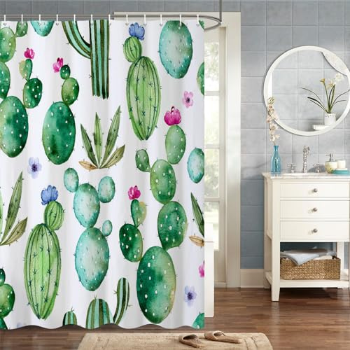 MIRRORANG 165x180cm Tropisch Pflanzen Duschvorhang Aquarell Kaktus und Blühen Rote Blumen Duschvorhang für Badezimmer Wasserdichtes Polyestergewebe Set mit Haken