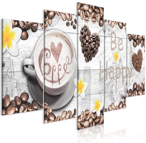 decomonkey Bilder Kaffee Coffee 150x75 cm 5 Teilig Leinwandbilder Bild auf Leinwand Vlies Wandbild Kunstdruck Wanddeko Wand Wohnzimmer Wanddekoration Küche Kaffeebohnen Kaffeemaschine Kaffeetasse