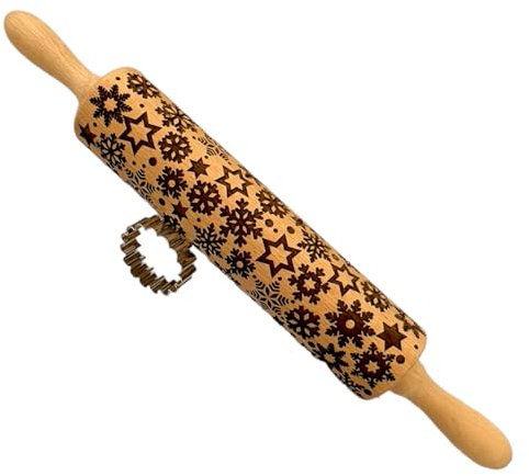 decoresca - Gemustertes Nudelholz für Weihnachten - mit Rezept und Umrandung - Holz Teigroller für selbstgebackene Kekse mit Gravur - Groß