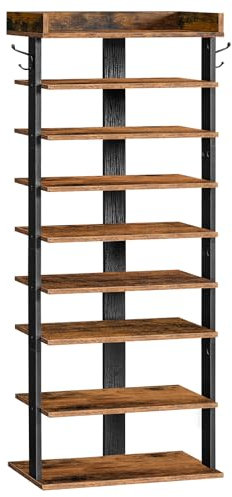 HOOBRO Narrow Shoe Rack, 9-Tier Tall Shoe Rack, Wooden Shoe Storage Organizer with 2 Hooks, Slim Shoe Shelf, Vertical Shoe Tower for Entrance, Industrial, Rustic Brown and Black EBF850XJ01